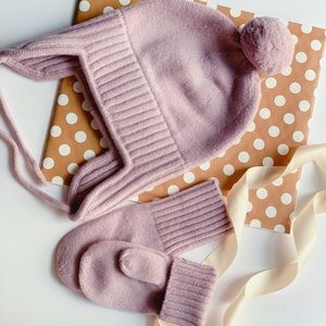 Pure merino wool warm knit hat mittens set, toddler girls set, winter, organic